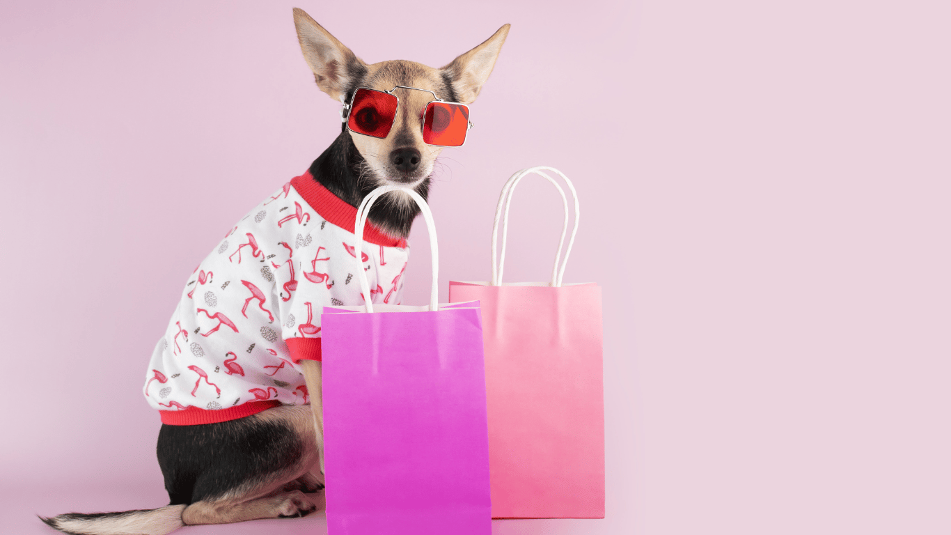 A dog with sunglasses and shopping bags.